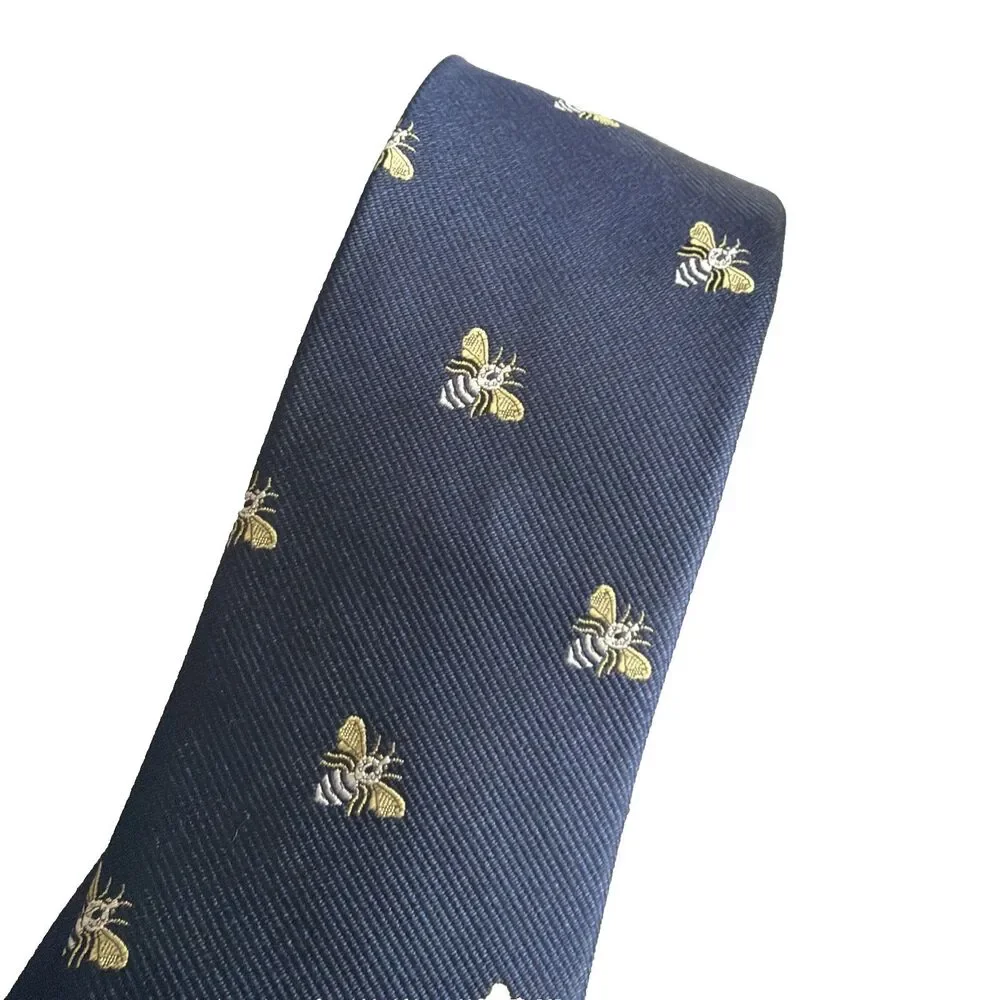J. Crew Bumble Bee Print Classic Dress Tie Men's 100% Silk Blue Yellow White EUC